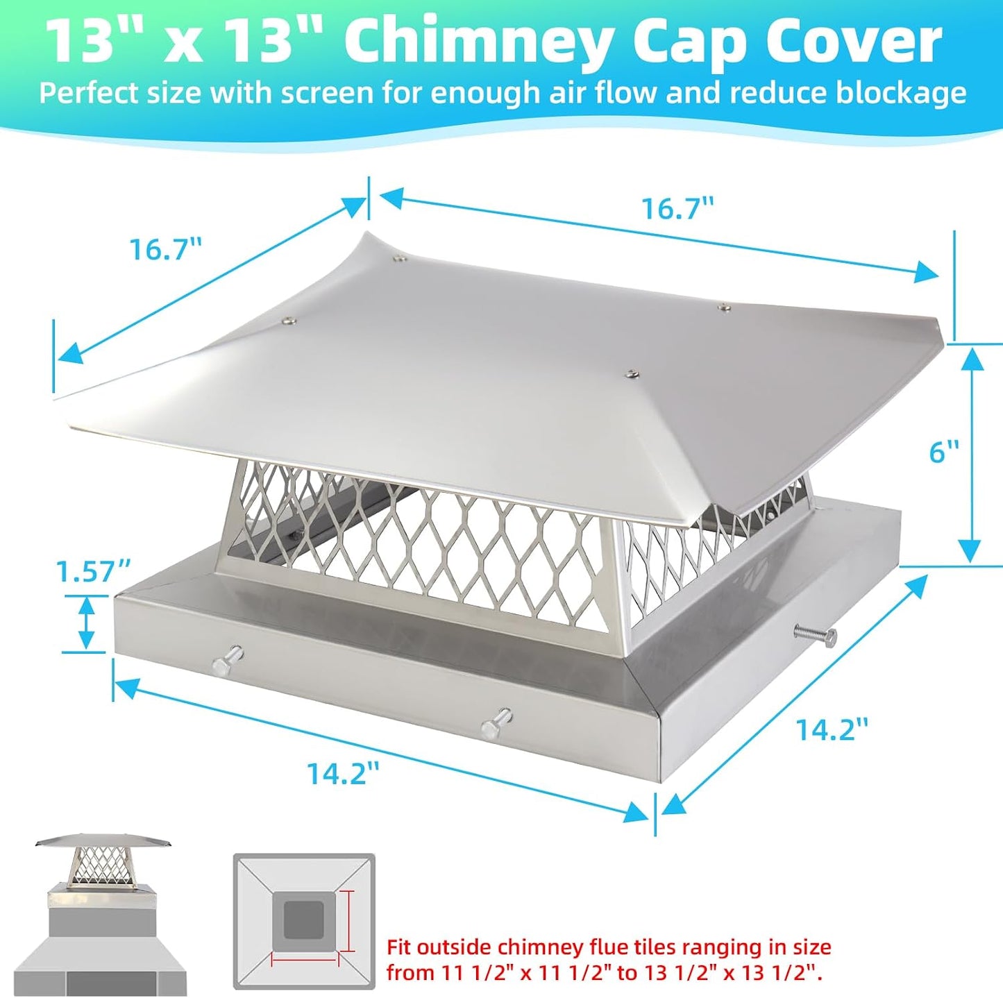 13" x 13" Chimney Cap Fireplace Chimney Cover for Outside Chimney Flue Cap Chimney Flue Cover Chimney Caps for Outside w/ Screen Hood Plate,Stainless Steel Chimney Rain Cap Roof Rain Guard Protector