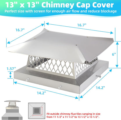 13" x 13" Chimney Cap Fireplace Chimney Cover for Outside Chimney Flue Cap Chimney Flue Cover Chimney Caps for Outside w/ Screen Hood Plate,Stainless Steel Chimney Rain Cap Roof Rain Guard Protector