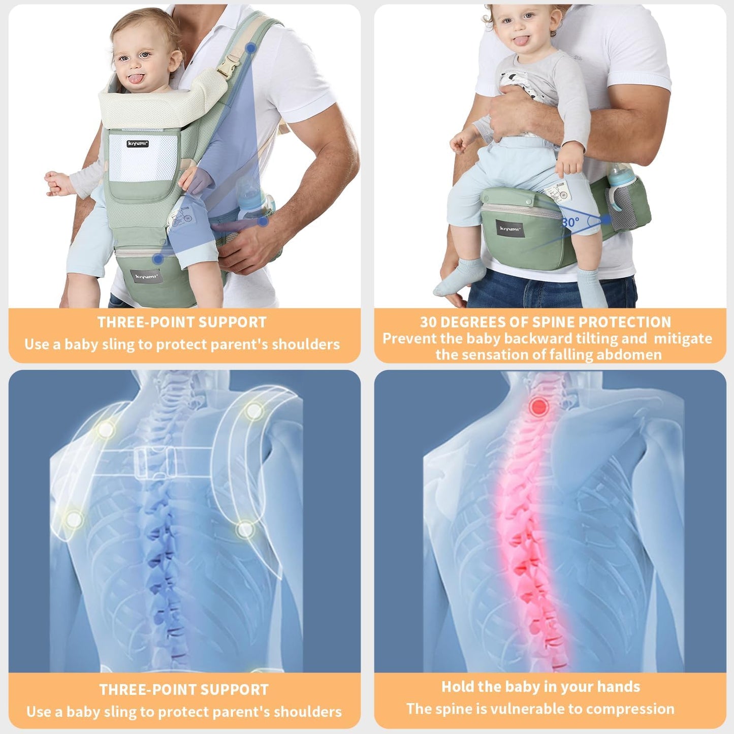 KIYUMI 6-in-1 Baby Carrier Newborn to Toddler with Hip Seat, Ergonomic Infant Carrier, Adjustable Front Back Hip Carrier, Green