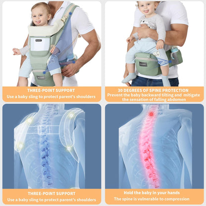 KIYUMI 6-in-1 Baby Carrier Newborn to Toddler with Hip Seat, Ergonomic Infant Carrier, Adjustable Front Back Hip Carrier, Green