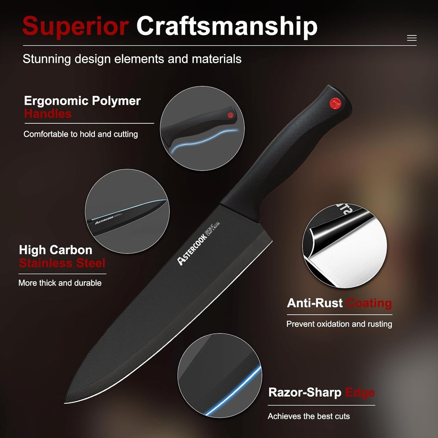 Astercook Knife Set for Kitchen with Block and Sharpener 15pcs German