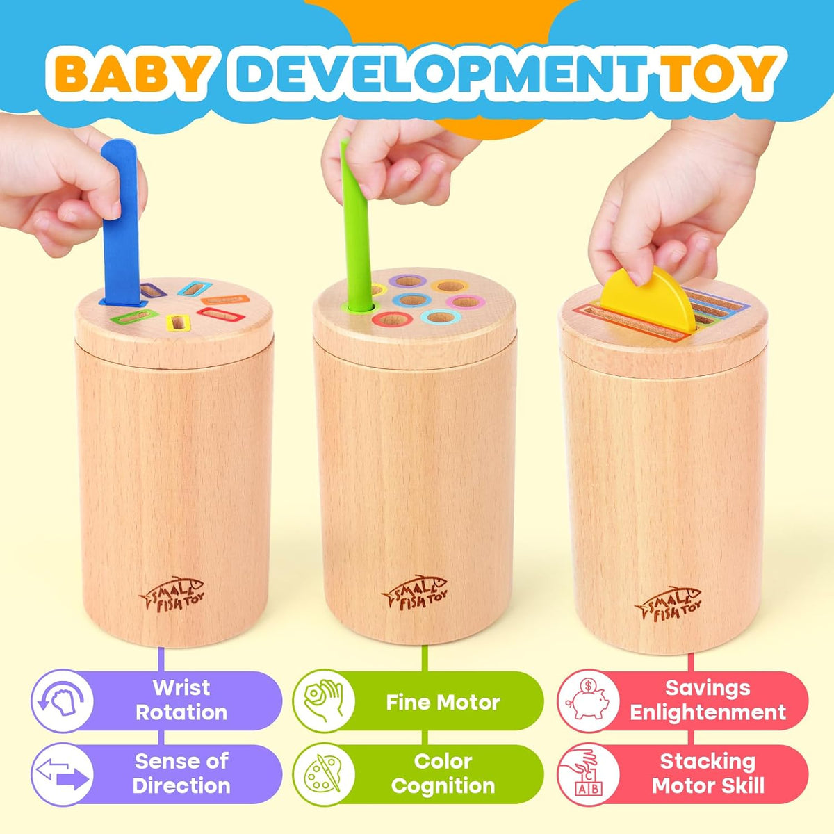 SMALL FISH 3-in-1 Montessori Wooden Toddler Toy, Fine Motor Skills & Color Sorting Learning Toy with Sticks, Popsicle Sticks & Discs, Ages 1–3