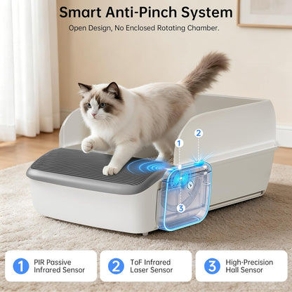 Self Cleaning Cat Litter Box, Open Top Automatic Litter Box, App Control Anti-Pinch Safety Sensors, 6.5L Waste Drawer with Odor Control, 20 Waste Bags, Large Capacity for Big Cats & Multi-Cat Homes