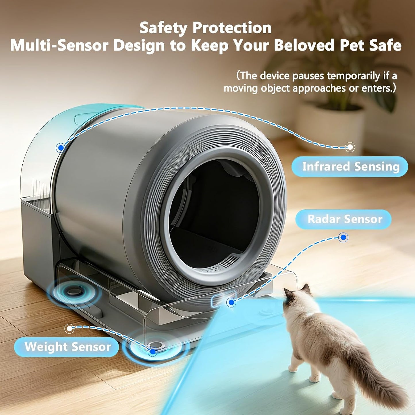 Self Cleaning Cat Litter Box for Multiple Large Cats - 60L Capacity, APP Control Automatic Litter Box with Safety Sensors, Odor-Free & Anti-Leakage, Includes Litter Mat & Litter Scoop,Gray