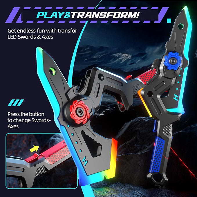 LYVENO 2-Pack Transforming Light Up Swords for Kids, Rechargeable LED Sword & Axe Toys with Mist Spray & Sound, Connectable Double-Bladed Role-Play Toys, Ages 8-12