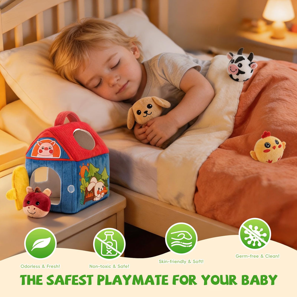 Montessori Farm Toy for Babies, Plush Barn with 7 Soft Animal Toys