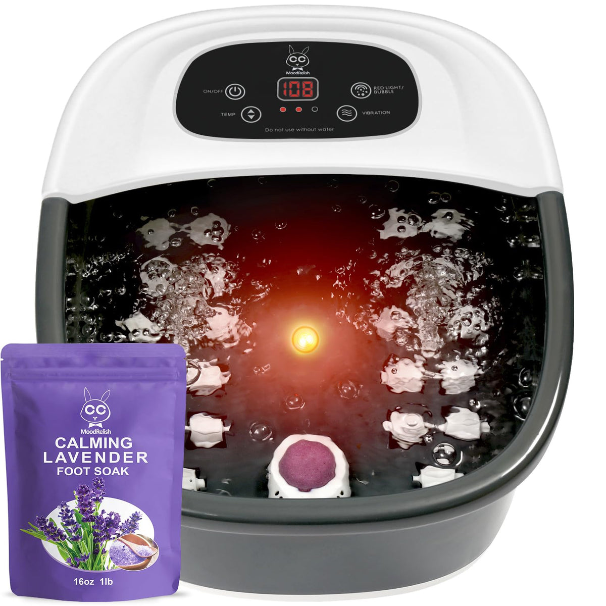 MoodRelish Foot Spa Bath Massager with Heat, Bubbles, Vibration & Jets, Infrared Light, 22 Massage Rollers, Adjustable Temperature, 16 oz Lavender Epsom Salt Soak, Black