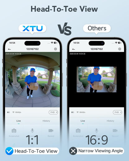 XTU J9 Plus 2K Wireless Video Doorbell Camera with Chime, 180° Head-to-Toe View, PIR Motion Detection, Night Vision, 2-Way Audio, No Monthly Fee
