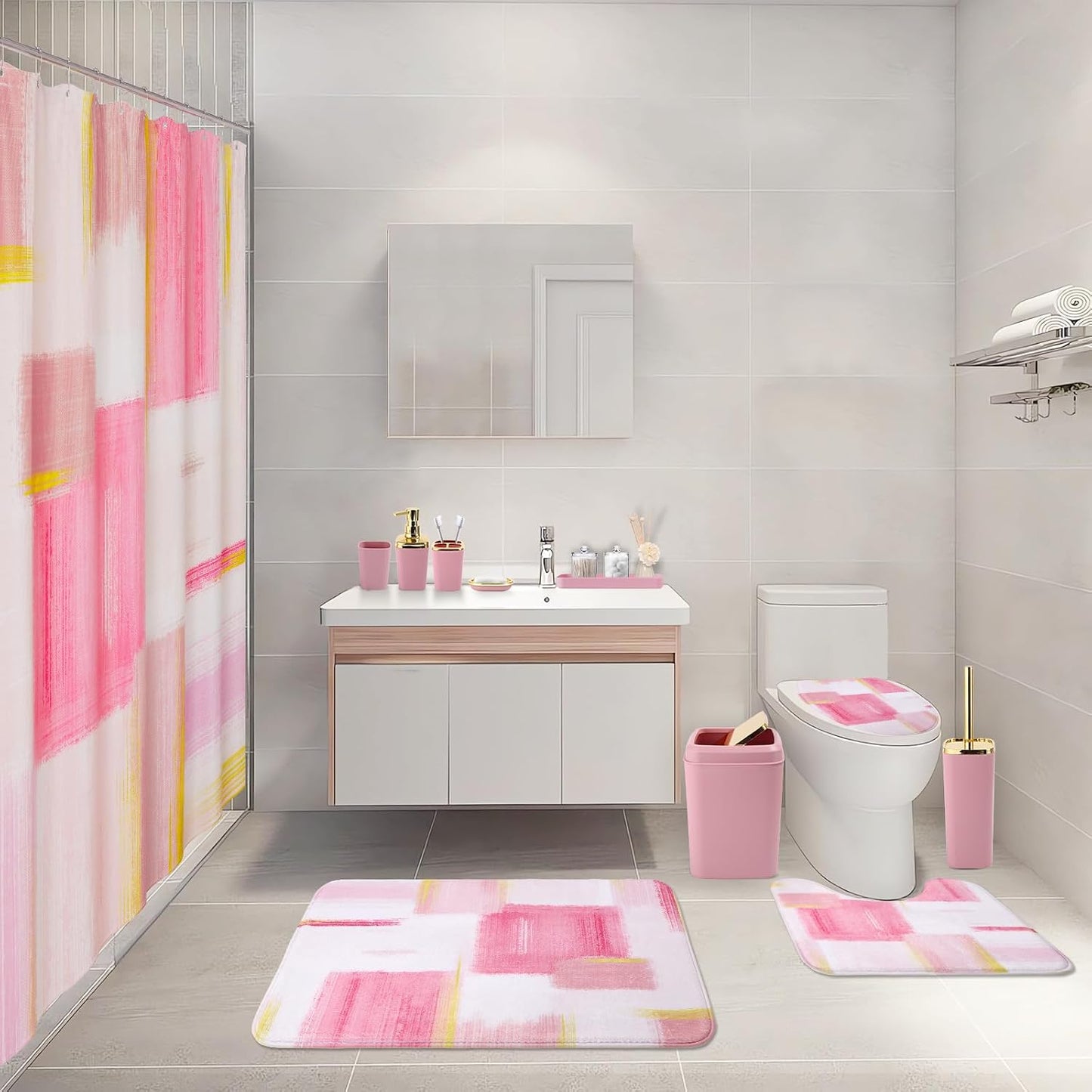 XLHOMO Bathroom Set - Pink and Gold Bathroom Accessories Set, Bathroom Sets with Shower Curtain and Rugs, Pink Shower Curtain Set with Bathroom Trash Can, Soap Dispenser, Soap Dish for Home Decor