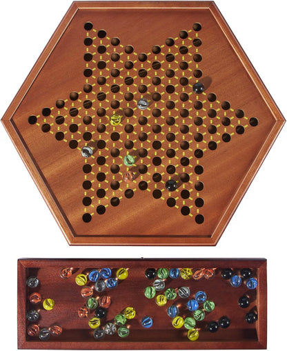 Vamslove Chinese Checkers 15-Inch Large Wooden Game Board, 72 Colorful 16mm Glass Marbles, 1-6 Player Family Board Game with Storage Drawer