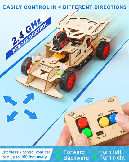 Poraxy STEM Kits for Kids Ages 8-13, Remote Control Car Building Kit with Wooden 3D Puzzle, 4WD Model Car Science Project Toy for Boys & Girls