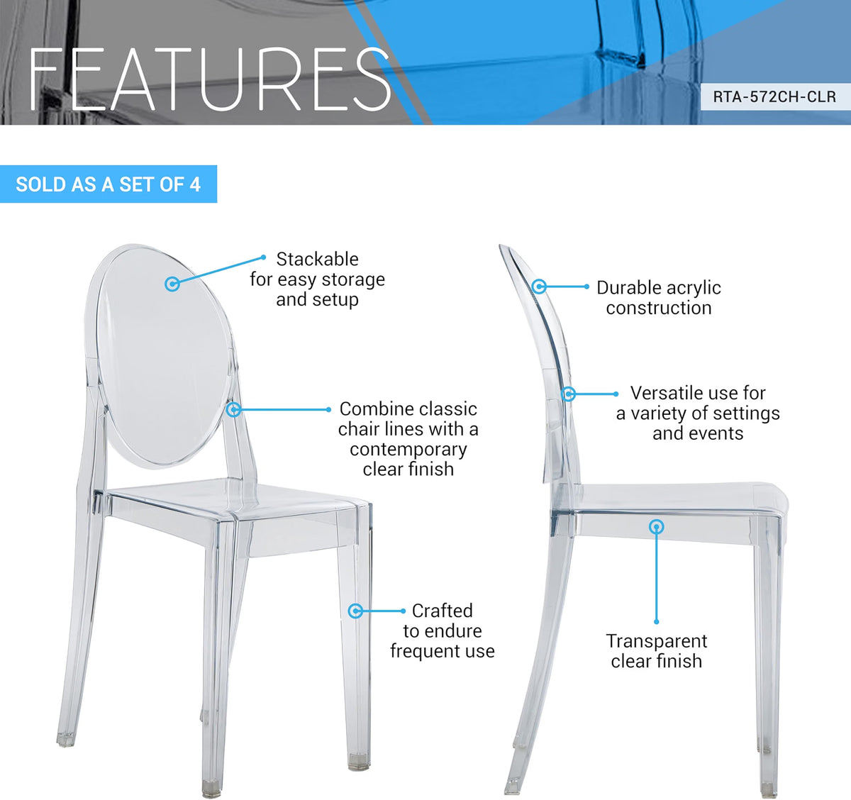 Techni Home Clear Acrylic Ghost Chairs, Set of 4, Stackable