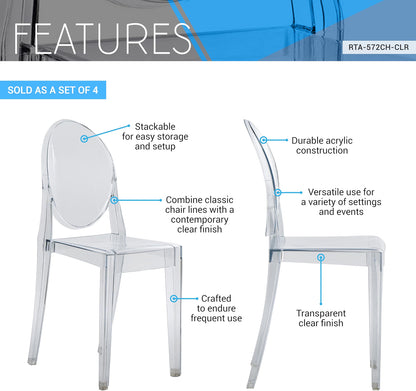 Techni Home Clear Acrylic Ghost Chairs, Set of 4, Stackable