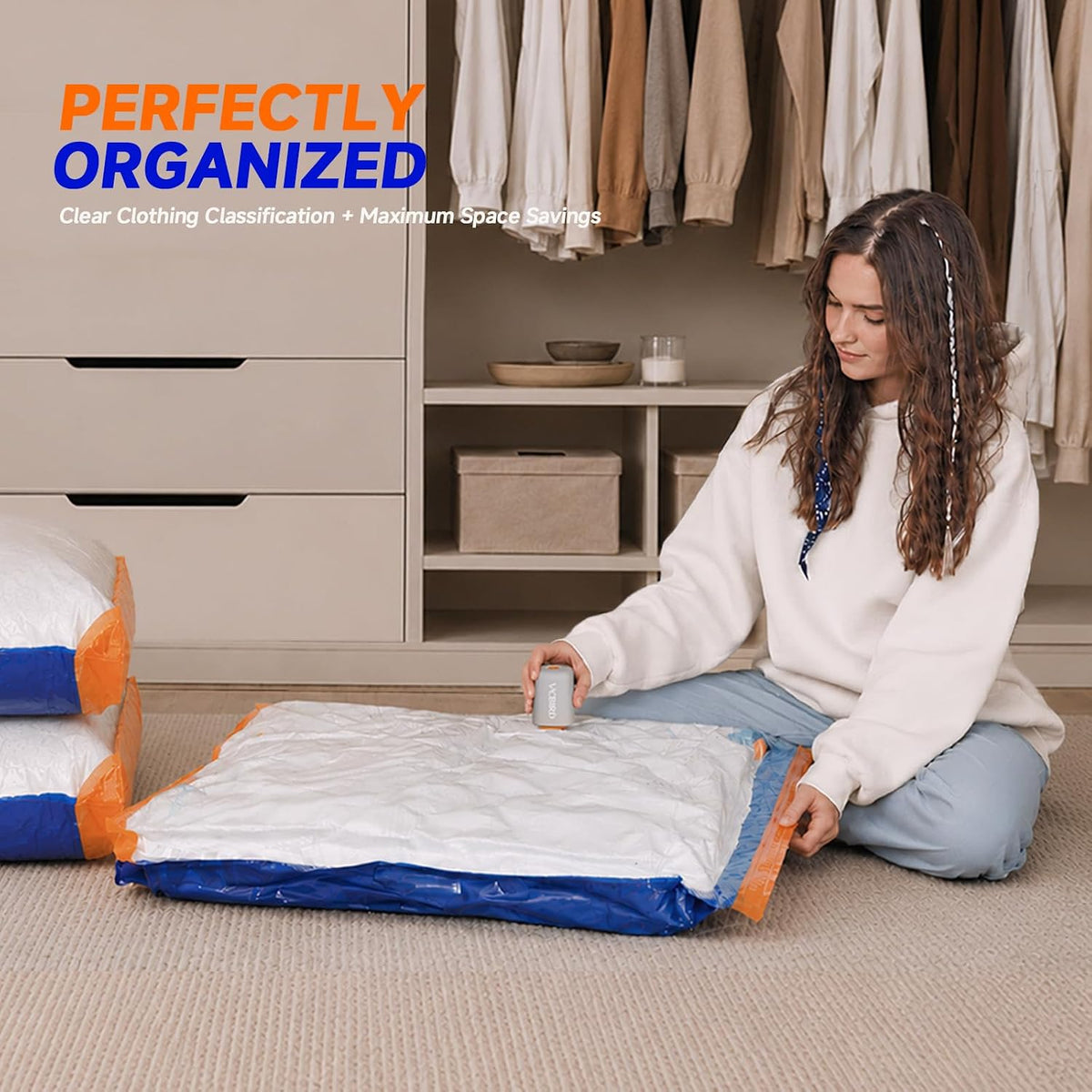 Vacbird Vacuum Storage Bags with Rechargeable Cordless Pump,15 Pack 3 Sizes Compression Packing Seal Bags, Space Saver for Clothes and Clothing Comforters, Blankets, Bedding and Closet Space Saving
