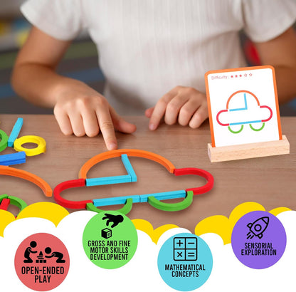 puzgic STEM Stick Rings Building Toy, 142-Piece Wooden Montessori Construction Set with Pattern Cards, Creative Learning Activity for Preschool & Kindergarten Kids Ages 3–6