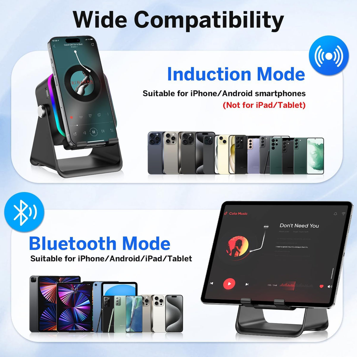 MILOUZ Wireless Induction Bluetooth Speaker with Phone Stand – 5-in-1 RGB Speaker for iPhone/Android/iPad (Black)