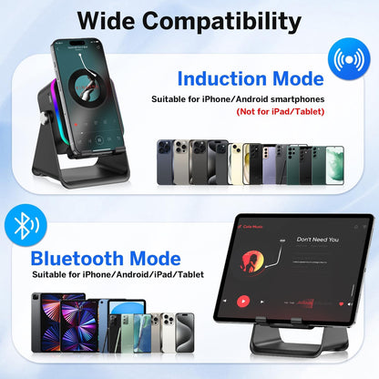MILOUZ Wireless Induction Bluetooth Speaker with Phone Stand – 5-in-1 RGB Speaker for iPhone/Android/iPad (Black)