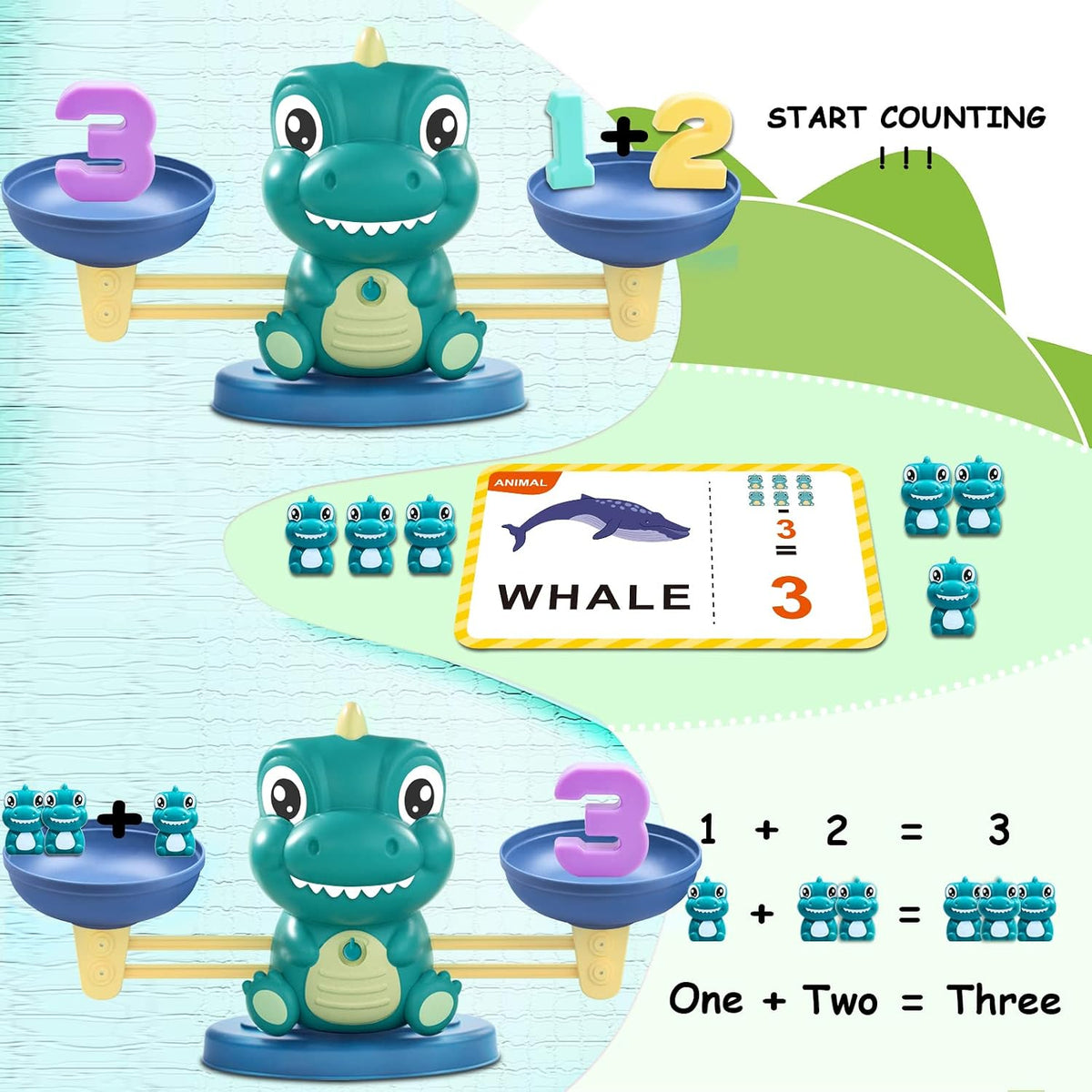 Kaodezhu Dinosaur Math Balance Toys, Montessori Math Balance Scale with Number & Dinosaur Weights, STEM Educational Learning Toy for Kids Ages 3+, Green