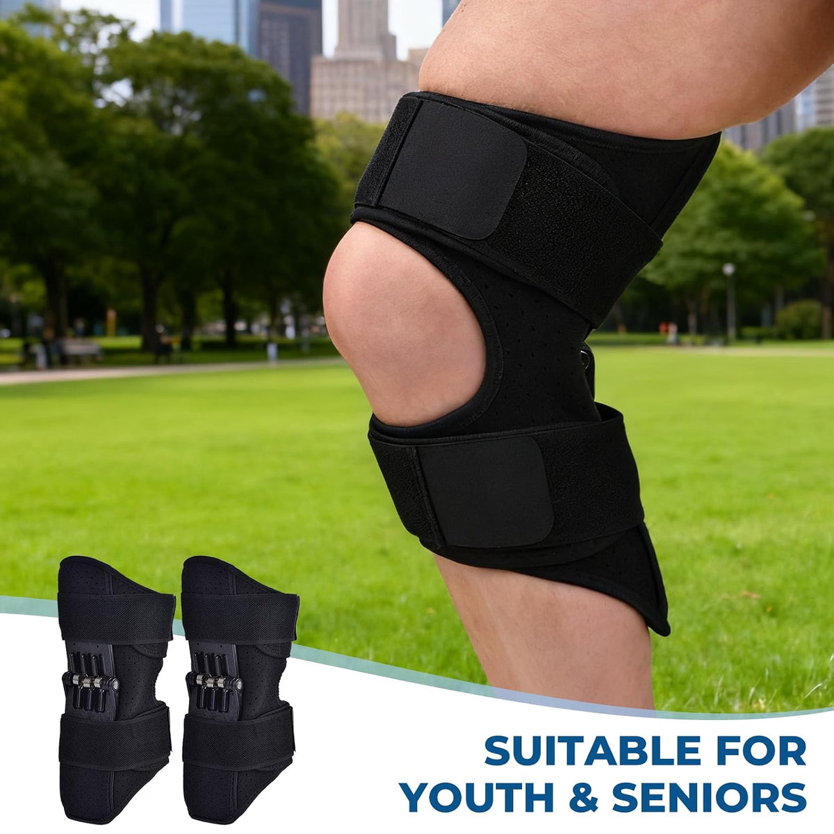 HyperionFlo Essentials 2-Pack Spring Knee Support Brace, Adjustable Patella Support with Dynamic Spring Assistance, Black