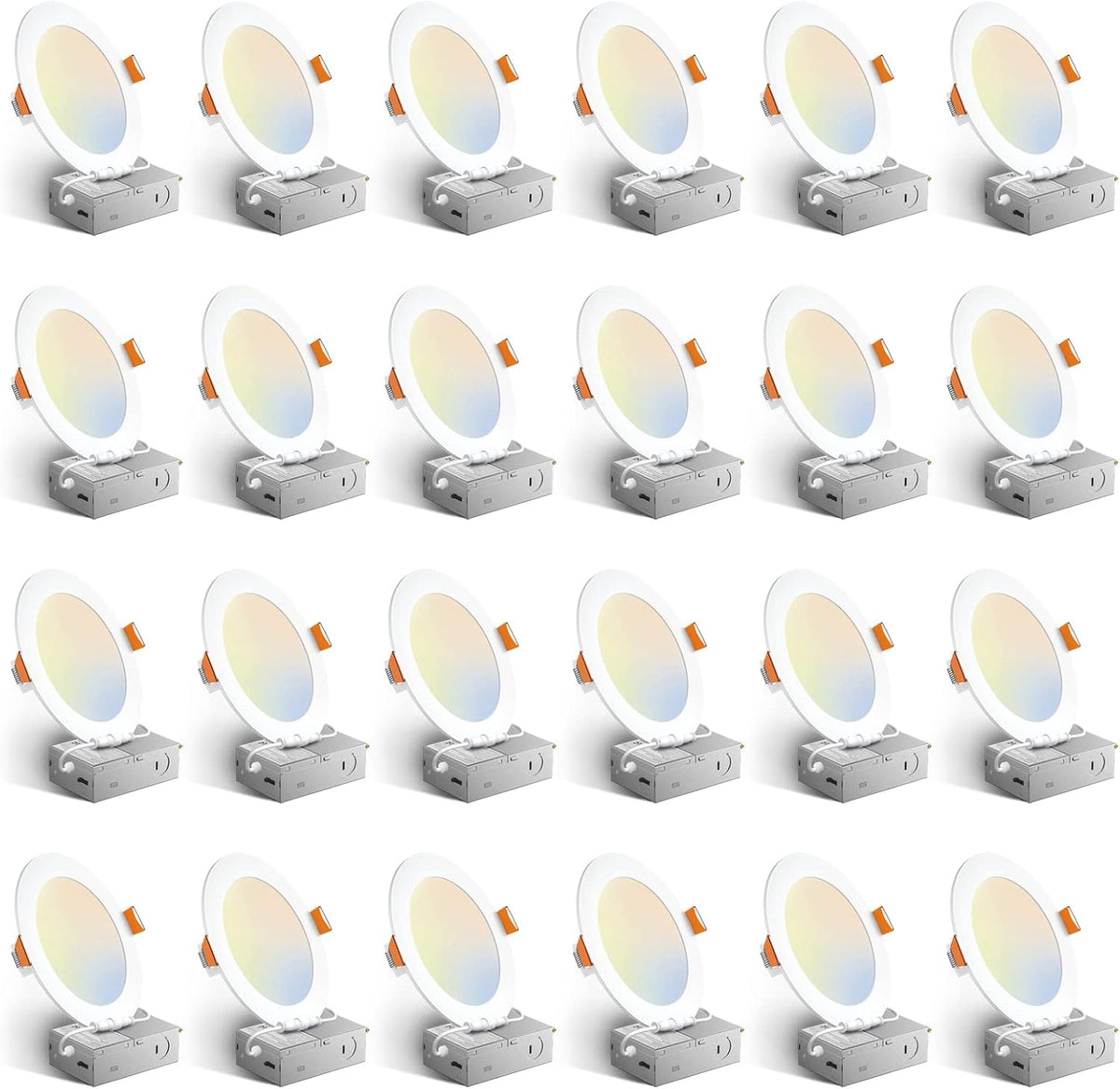 Amico 24 Pack 6 Inch LED Recessed Light with Junction Box, 5CCT, 1050LM 12W, 2700K-5000K, 5%-100% Dimmable, 120V, White, Metal Housing, Ultra-Thin Canless Wafer Downlight, ETL, FCC, IC & Damp Rated