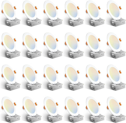 Amico 24 Pack 6 Inch LED Recessed Light with Junction Box, 5CCT, 1050LM 12W, 2700K-5000K, 5%-100% Dimmable, 120V, White, Metal Housing, Ultra-Thin Canless Wafer Downlight, ETL, FCC, IC & Damp Rated
