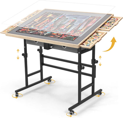 BuilderButler Puzzle Table for 2000 Pieces, 40.16" x 28.5" Adjustable Height & 45° Tilting Jigsaw Board with Wheels, 4 Wooden & 2 Fabric Drawers, Protective Cover