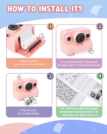 Dylanto Kids Instant Print Camera BLL2, 1080P Digital Camera with Thermal Printer, 2.4" Screen, 16X Digital Zoom, 32GB Memory Card, 3 Paper Rolls, Pink