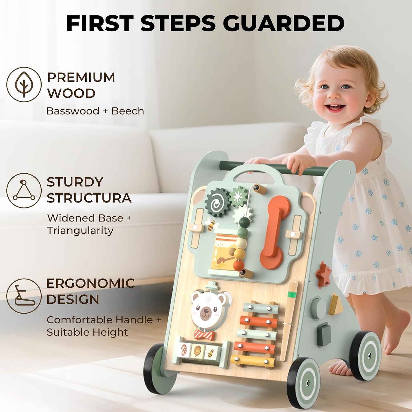 WOODMAM Push Baby Walker, Wooden Sit-to-Stand Learning Toy for 12M+ 10-in-1 Montessori Activity Center, Early Educational Push Toy, Detachable Busy Board, Adjustable Speed, Adorable Bear Design