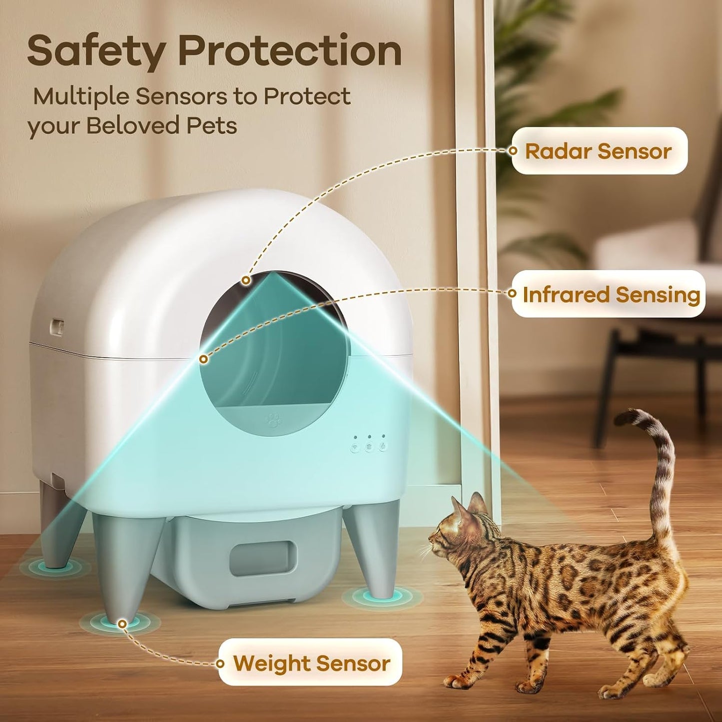Fumoi Automatic Litter Box with App Control, Safety Sensor, Washable Litter Trays, 95L Large Capacity, White & Grey