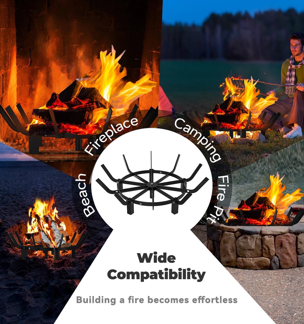 Mondazie Round Fire Pit Grill Grate 24 Inch, Fireplace Grate with 10 Bars Firewood Rack Outdoor for Firepit, Fireplace Log Burning Holder for Outside Hearth Wood Stove and Campfire, Black