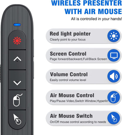 DINOSTRIKE Wireless Presenter Remote with Air Mouse Control, Rechargeable USB A&C Presentation Clicker PPT Pointer RF 2.4GhZ PowerPoint Clicker Slide Advancer for Computer Laptop Mac