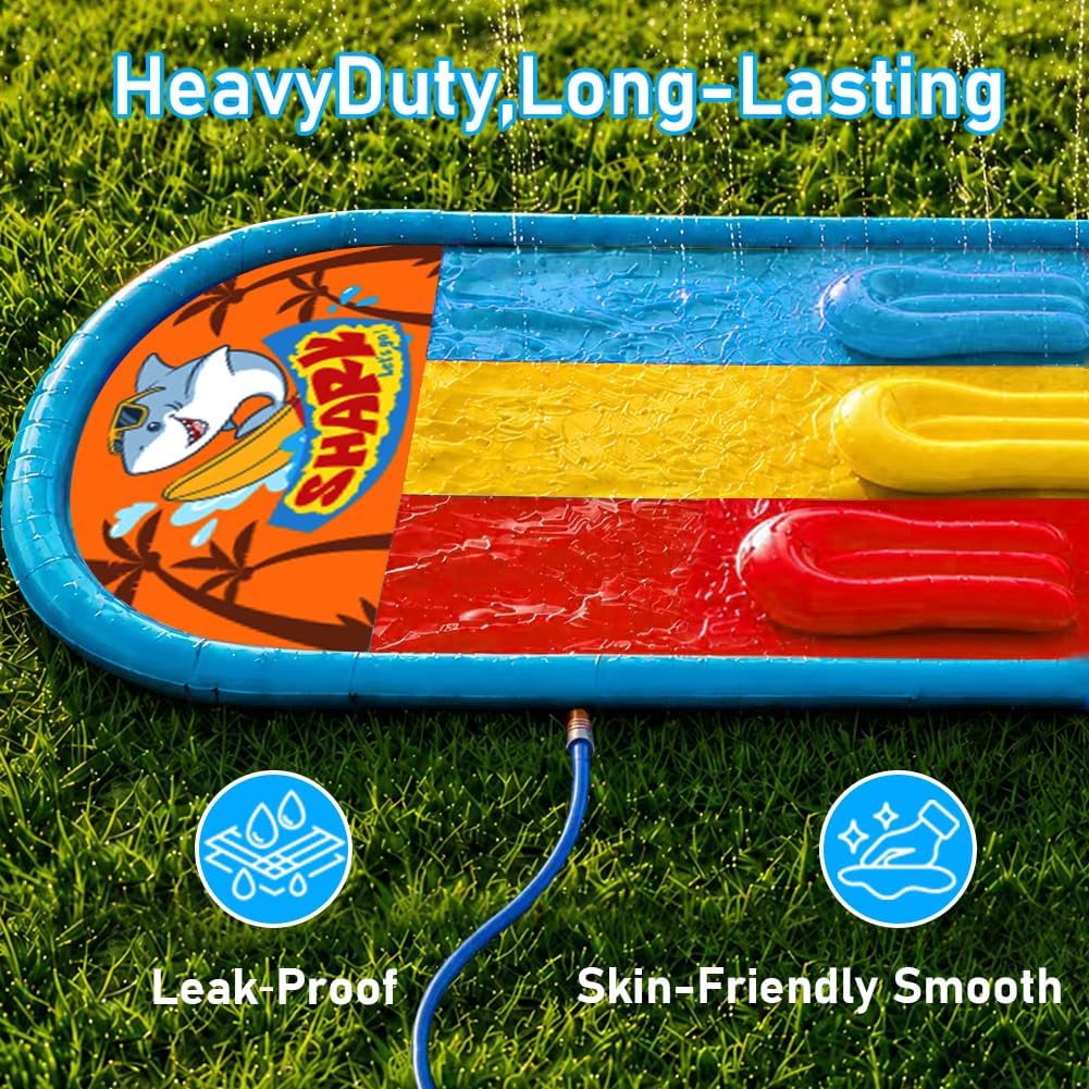 23FT Triple Water Slide with 3 Inflatable Bodyboards, Lawn Slip Splash Slide with Built-In Sprinkler, Outdoor Backyard Water Slide for Kids & Adults
