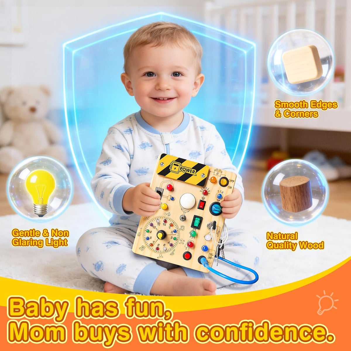 Grarain Montessori Busy Board for Toddlers Ages 1-3, Interactive Wooden Sensory Activity Board with 23 LED Lights, Clock & Alphabet Learning Toy, Travel-Friendly Educational Toy