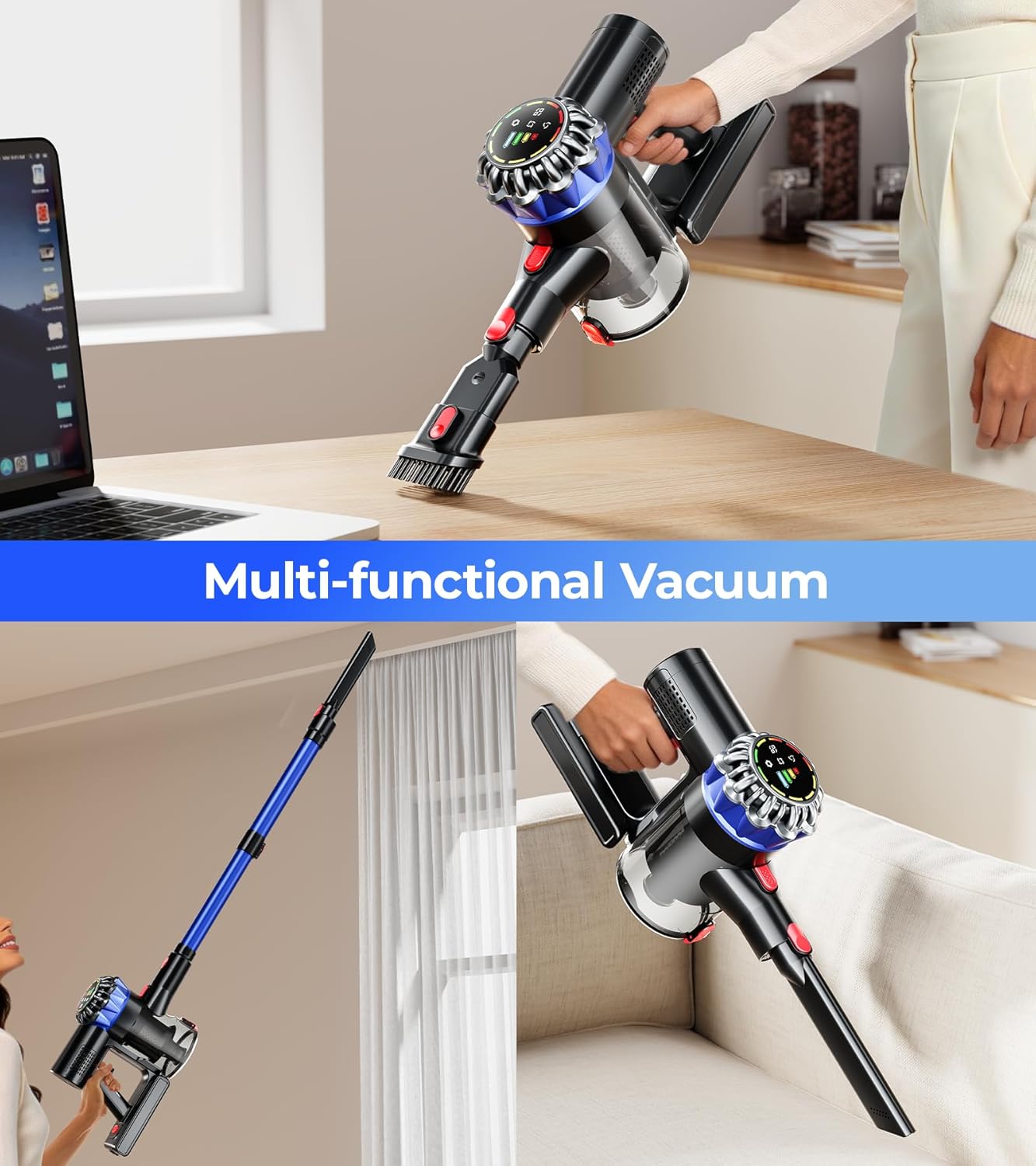 Cordless Vacuum Cleaner, 600W 50Kpa 65Mins Cordless Stick Vacuum with Self-Standing, Touch Screen, Anti-Tangle Wireless Vacuum, Vacuum Cleaners for Home/Pet Hair/Carpets/Hardwood Floor