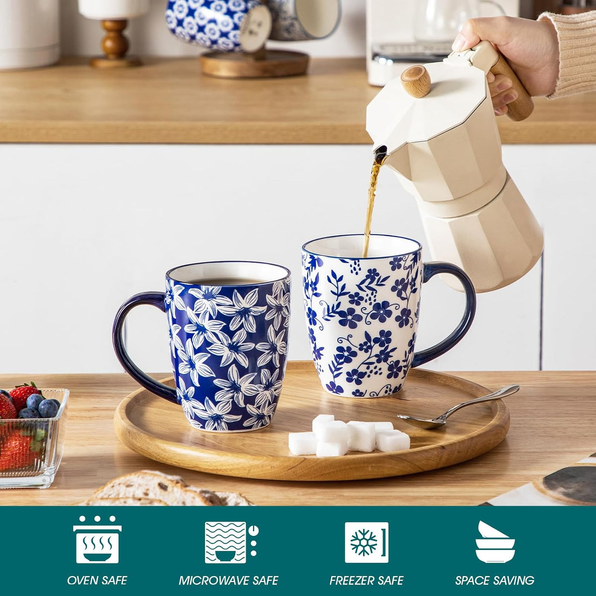 vancasso SELENE Large Coffee Mugs Set of 6, 16 Oz Porcelain Coffee Cups with Handle, Ceramic Tea Cup for Cappuccino, Latte, Tea, Cocoa, Dishwasher & Microwave Safe Gift Sets, Vintage Blue
