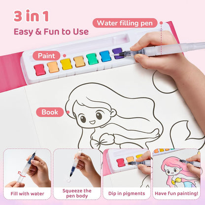 JoyCat Paint with Water Coloring Book for Toddlers, Magical Pony 3-in-1 Watercolor Activity Book with Brush & Paint, 20 Pages, Mess-Free Preschool Art Toy, Pink