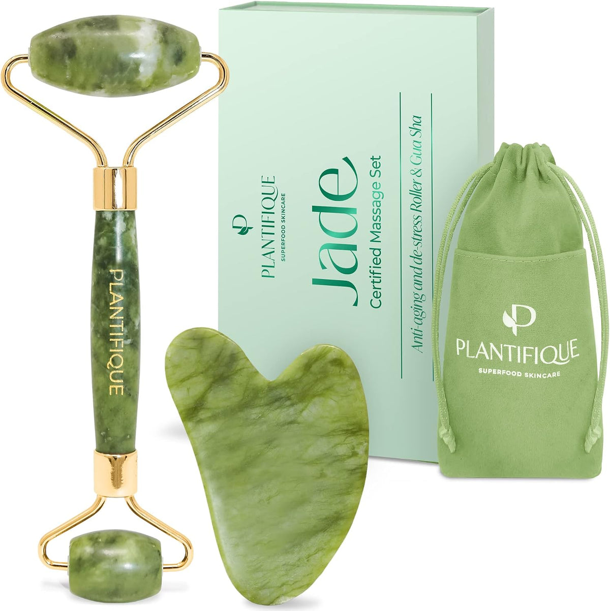 PLANTIFIQUE Jade Gua Sha Facial Tool & Face Roller Set, Authentic Jade Facial Massage Tools with Giftable Box