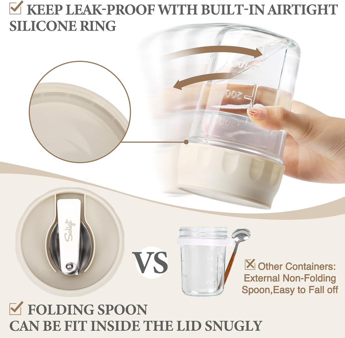 SOLIGT Overnight Oats Containers, 4-Pack 16oz Meal Prep Glass Jars with Lids, Folding Spoons & Divided Fruit and Nut Compartments, Leakproof Reusable Food Storage Set