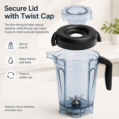 64oz Low-Profile Blender Pitcher Compatible with 5200/7500/5000/6300/750/E310/VM0102/VM0103/VM0197- BPA-Free Container Jar Cup for Classic & Explorian Series