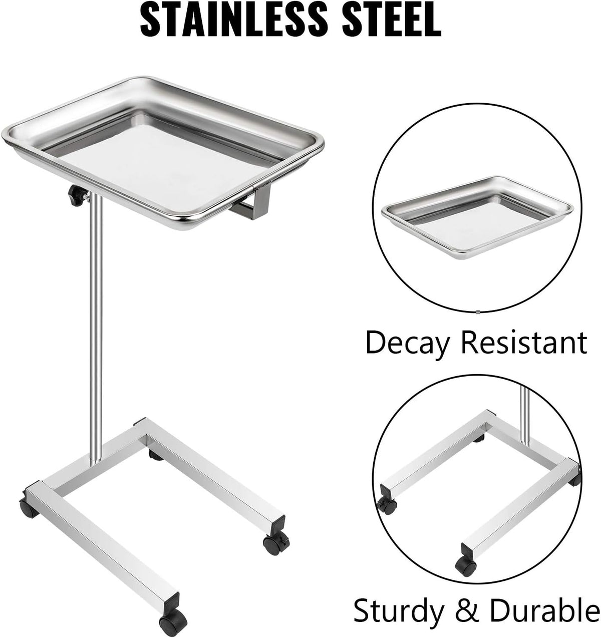 VEVOR Mayo Stand 18 x 14 inch Medical Tray, Height Adjustable 32-51 inch, Stainless Steel Lab Cart with Removable Tray & 4 Swivel Wheels, Metal Instrument Procedure Tray for Home Equipment, Dental