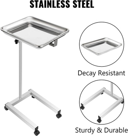 VEVOR Mayo Stand 18 x 14 inch Medical Tray, Height Adjustable 32-51 inch, Stainless Steel Lab Cart with Removable Tray & 4 Swivel Wheels, Metal Instrument Procedure Tray for Home Equipment, Dental