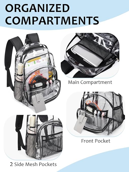 Clear Backpack for School, Heavy Duty Transparent 17-Inch Bookbag with 0.5mm PVC, Padded Straps, 15.6-Inch Laptop Sleeve & Multiple Pockets, Black