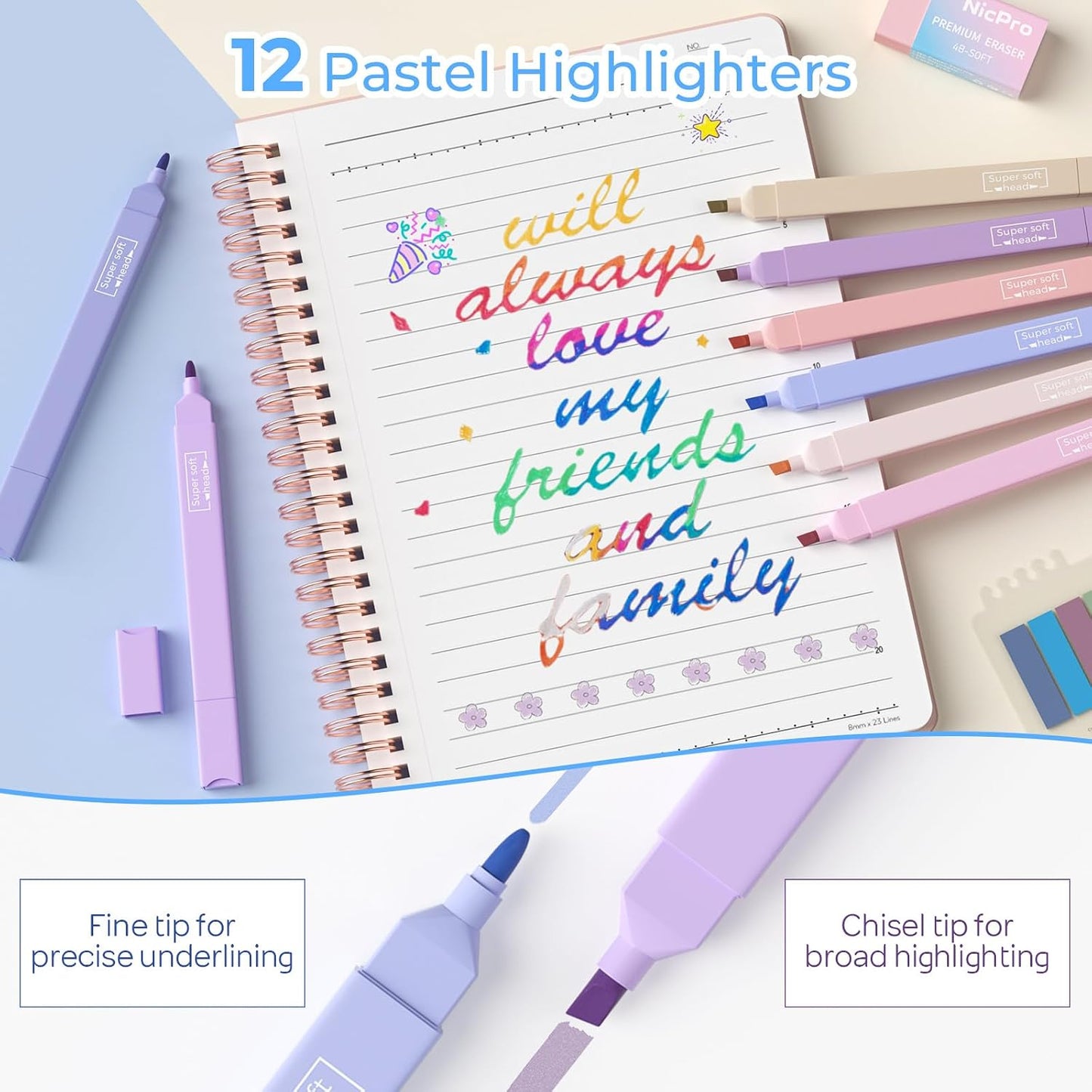 Nicpro 50PCS Cute Spiral Notebook Stationery Set for Women, A5 Notebooks with Mechanical Pencils, Gel Pens, Highlighters, Sticky Notes and Index Tabs