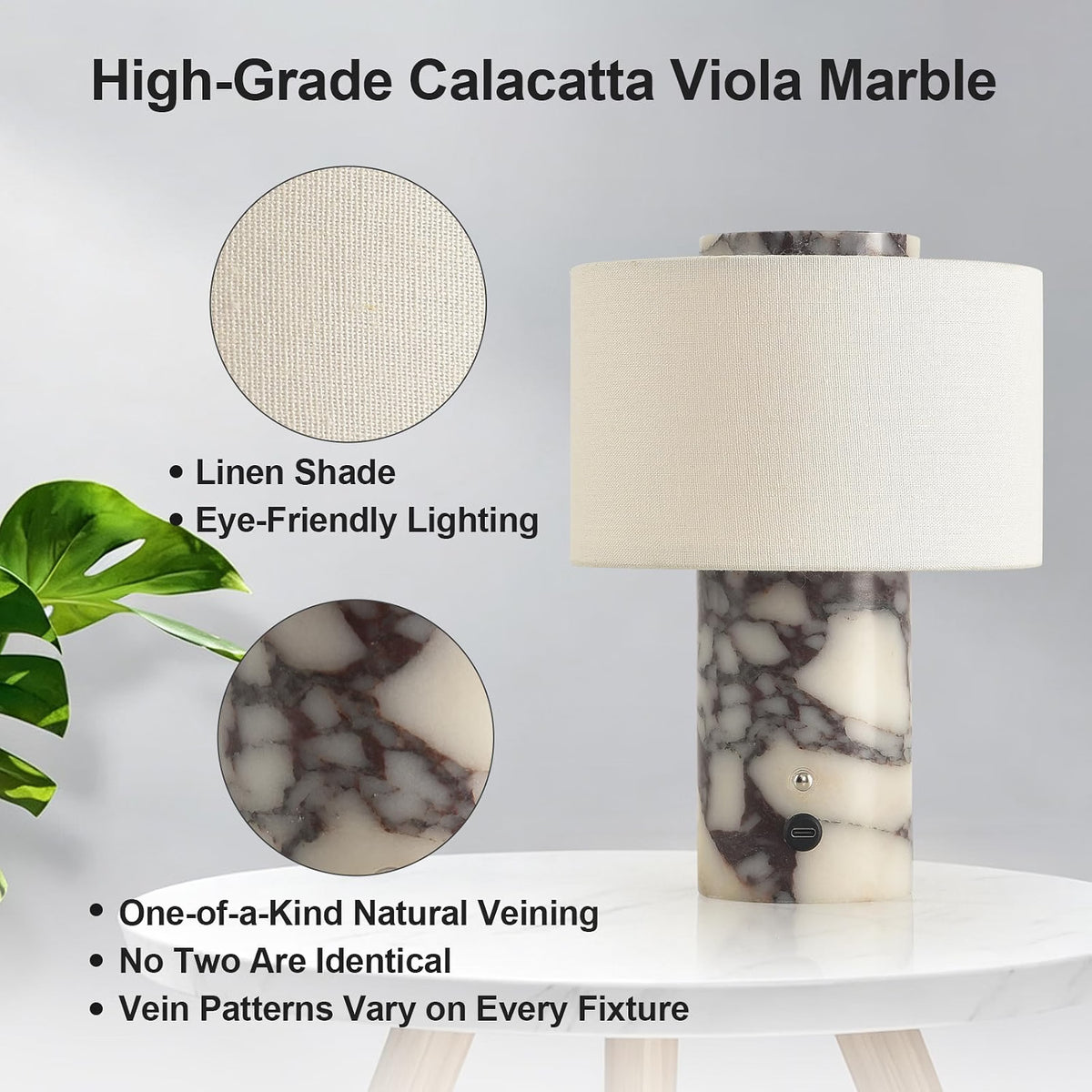 HyperionFlo Essentials Calacatta Viola Stone Cordless Table Lamp, Rechargeable 4000mAh LED Touch Lamp, 3 Color Temperatures, Dimmable, Off-White Linen Shade