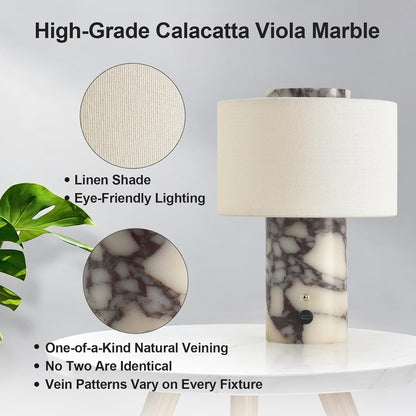 HyperionFlo Essentials Calacatta Viola Stone Cordless Table Lamp, Rechargeable 4000mAh LED Touch Lamp, 3 Color Temperatures, Dimmable, Off-White Linen Shade