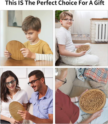 CHILLKITYPET Round Wooden Labyrinth Board Game, Wooden Marble Maze with Two Metal Balls, Brain Teaser Puzzle for Kids, Teens & Adults, Portable Tabletop Activity Game