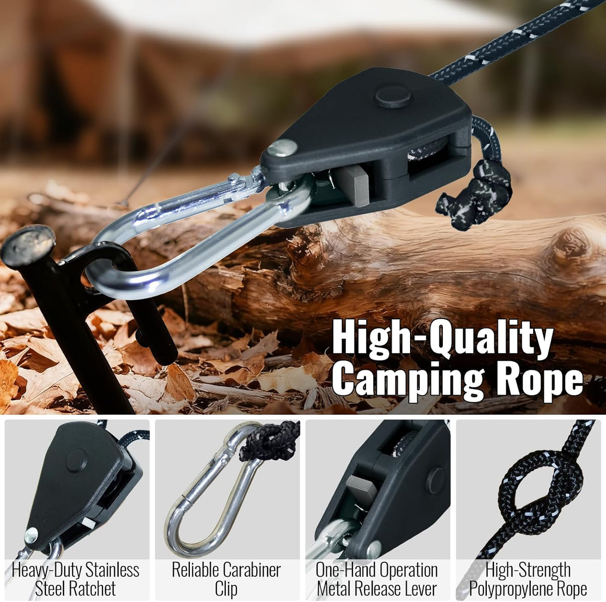 SOHIDAS Reflective Camping Guy Lines with Ratchet Pulley, 13FT Adjustable Tent Rope, 4mm Heavy-Duty Tarp Tie Down Cords with Auto-Lock Tensioner, Black