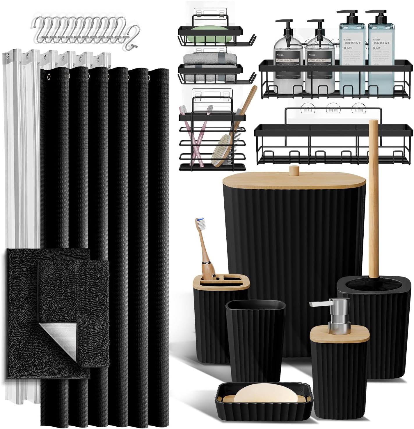Clara Clark Black Bathroom Set, Shower Curtain Set, Bathroom Accessory Set