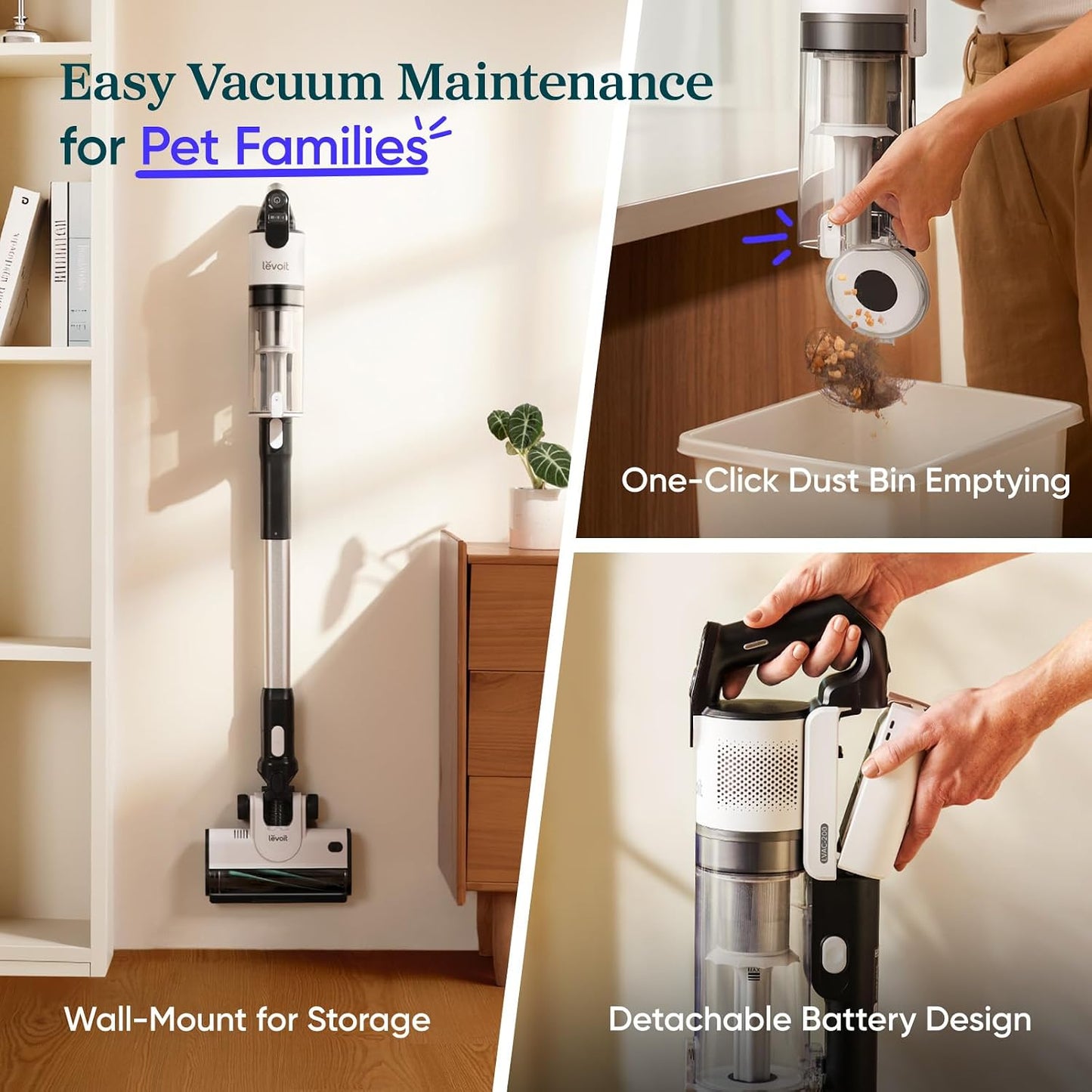 Levoit Cordless Vacuum Cleaner, Anti-Tangle for Pet Hair, Up to 50 Minutes Powerful Suction, Lightweight, Rechargeable, Versatile for Carpets & Hard Floors, 180° Lay-Flat Design, LVAC-200