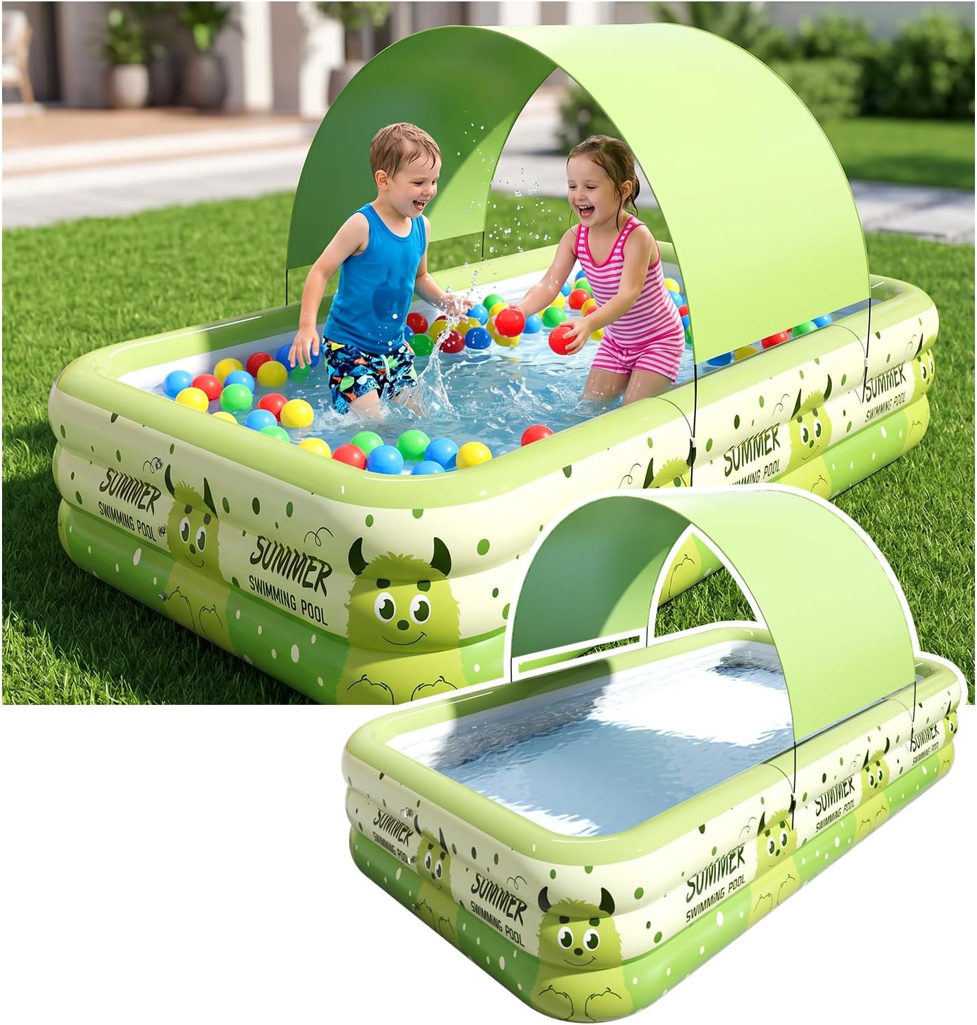 Kiddie Pool with Canopy 71" x 51" x 22", Inflatable Baby Pool with Detachable Sunshade, Portable Blow-Up Swimming Pool for Toddlers and Kids, Backyard Outdoor Water Play Pool, Green Monster